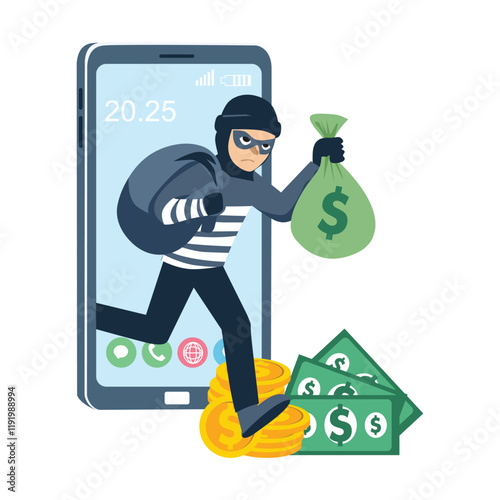 cyber thief stealing money from smartphone vector illustration