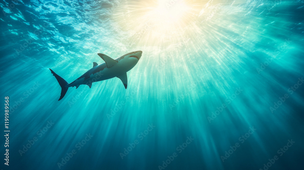Obraz premium Shark swimming underwater with sunlight filtering through ocean surface, creating serene and captivating scene. majestic creature glides gracefully in its natural habitat