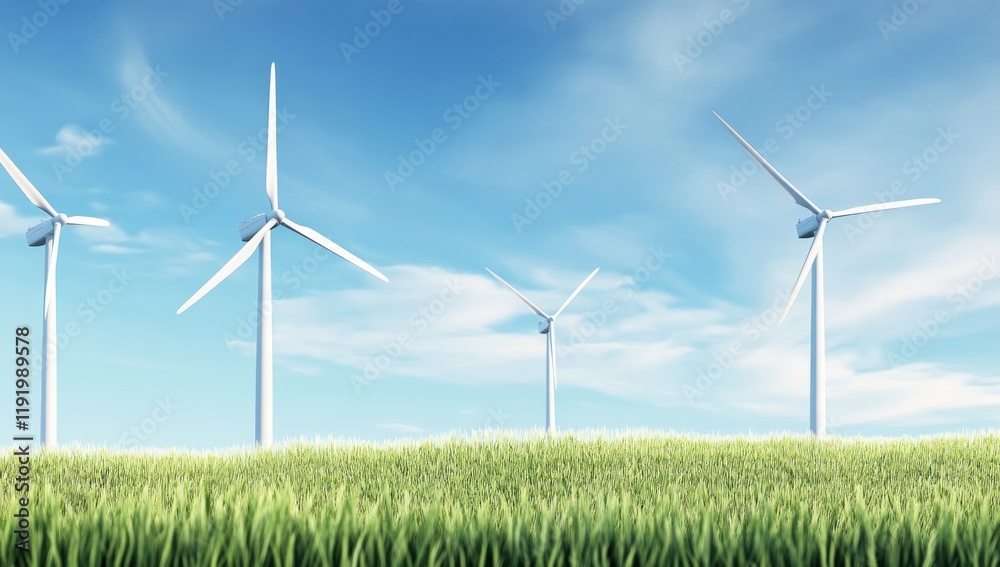 Serene Green Field with Wind Turbines under a Blue Sky: Clean Energy and Nature's Harmony Serene Green Field with Wind Turbines under a Blue Sky: Clean Energy and Nature's Harmony