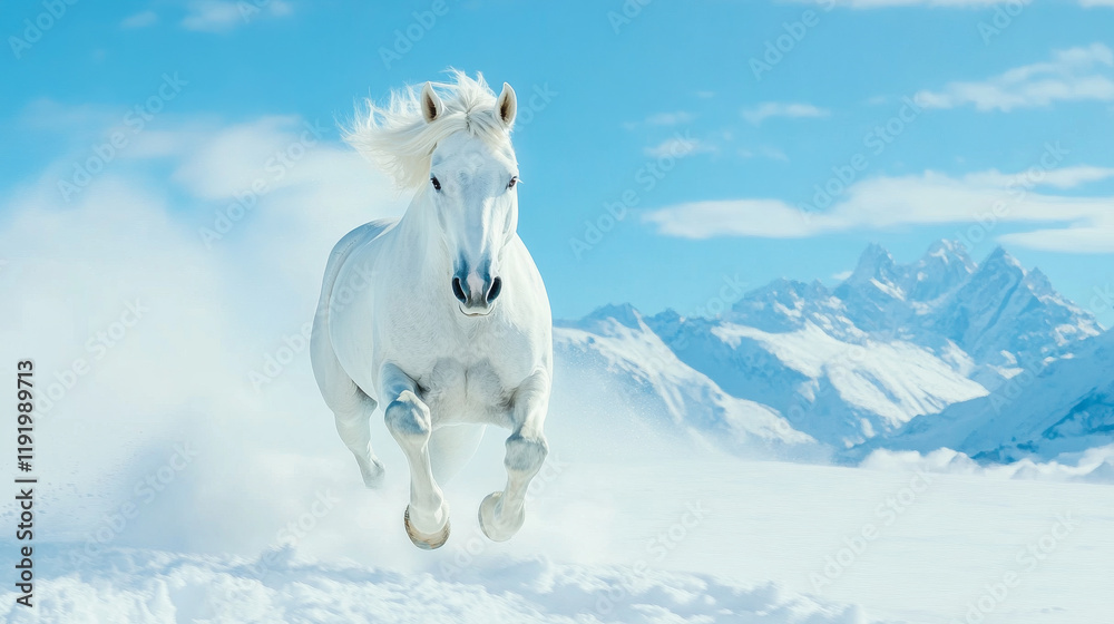 Fototapeta premium Majestic grey stallion galloping through deep snow under clear blue sky, showcasing its strength and grace against stunning mountain backdrop