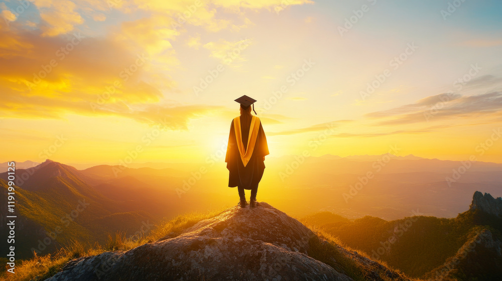 Obraz premium Graduation attire, sunset, mountain view, silhouette, achievement, celebration, horizon, nature, success, proud moment