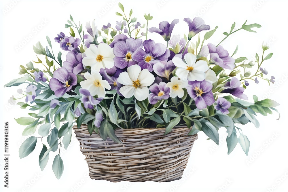 Obraz premium Basket of purple and white flowers with leaves.
