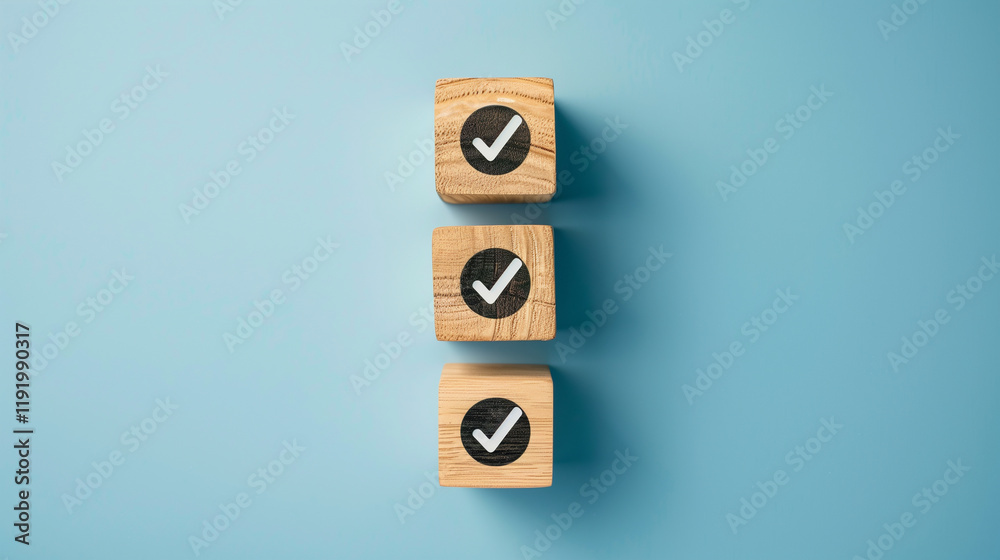 Wooden blocks with checkmark icons stacked vertically on a blue background Wooden blocks with checkmark icons stacked vertically on a blue background