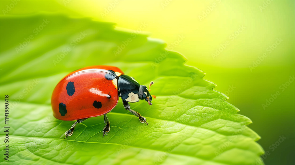 Fototapeta premium Close-up of a red ladybug with black spots resting on a green leaf