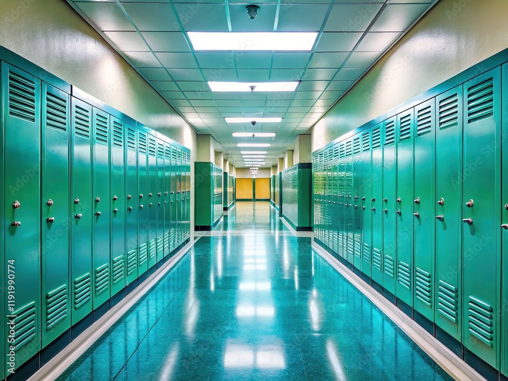 Fototapeta premium Empty School Hallway Teal Lockers - Bright, Sharp, American School Interior Photography