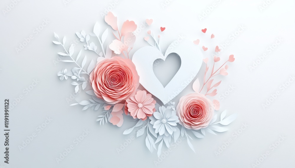 Minimal white valentine banner with papercut flowers elegant design soft colors modern aesthetic Minimal white valentine banner with papercut flowers elegant design soft colors modern aesthetic