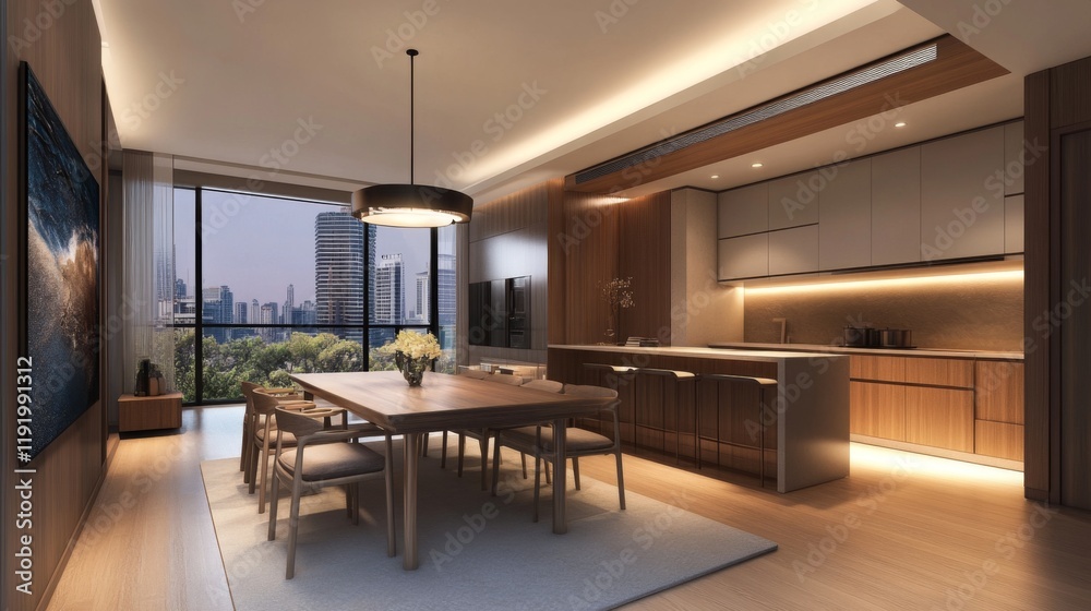 Fototapeta premium A modern minimalist dining area with a simple wooden table, elegant chairs, and a statement pendant light, creating a chic yet functional dining space.