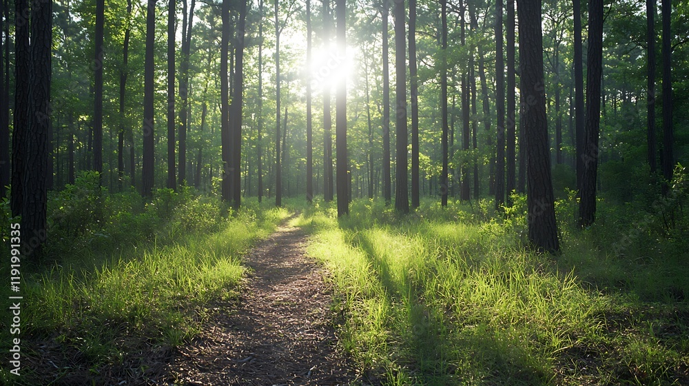 Obraz premium Sunlit forest path, morning mist, peaceful nature scene, ideal for travel or nature publications