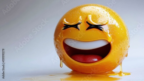 A crying-laughing emoji with a tilted head, tears streaming down, expressing hysterical laughter, isolated on white