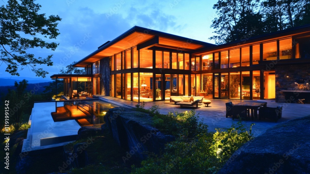 A nighttime view of a modern house with warm interior lighting glowing through expansive glass walls, highlighting the harmony between indoor and outdoor living. A nighttime view of a modern house with warm interior lighting glowing through expansive glass walls, highlighting the harmony between indoor and outdoor living.