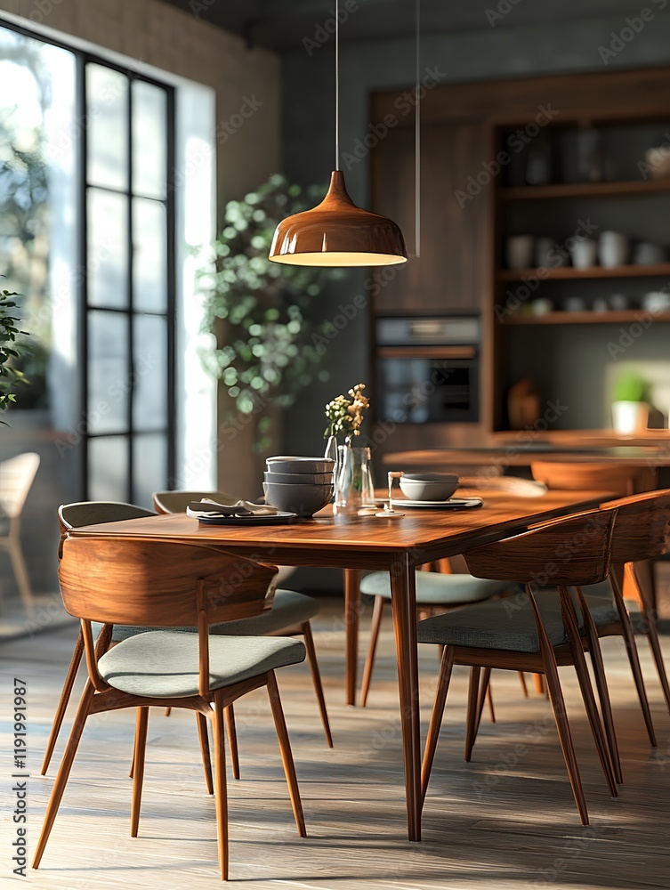 Fototapeta premium Mid-Century Modern Dining Room with Warm Lighting 