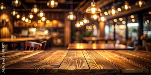 Elegant wooden table top with blurred light source creating a warm ambiance in a dark cafe setting, blur effect, interior design