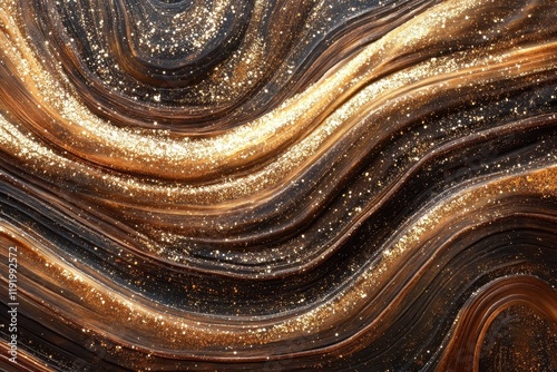 Abstract brown and gold glitter swirls. Ideal for luxury branding, elegant designs, and adding a touch of glamour. photo