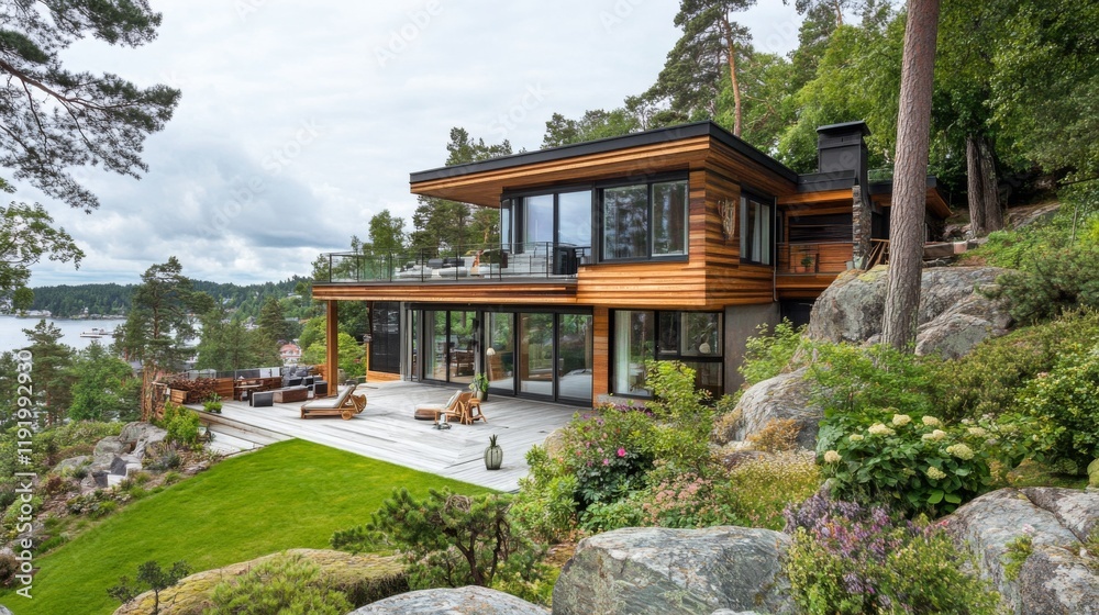 A scenic view of a contemporary Nordic house with a wooden facade and expansive glass doors opening to a lush garden, blending architecture with nature seamlessly. A scenic view of a contemporary Nordic house with a wooden facade and expansive glass doors opening to a lush garden, blending architecture with nature seamlessly.