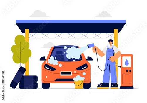 Car Wash Service Vector Illustration featuring Workers Cleaning an Automobile with Sponges, Soap, and Water in a Flat Style Cartoon Background