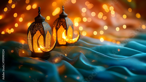 Illustration of Ornate Lanterns, Crescent Moons, and Bokeh Lights on Teal Fabric photo