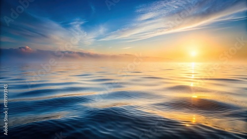 Gentle morning light dances across a serene sea as ripples disturb the surface, revealing a misty veil of fog , calm, waves,  calm