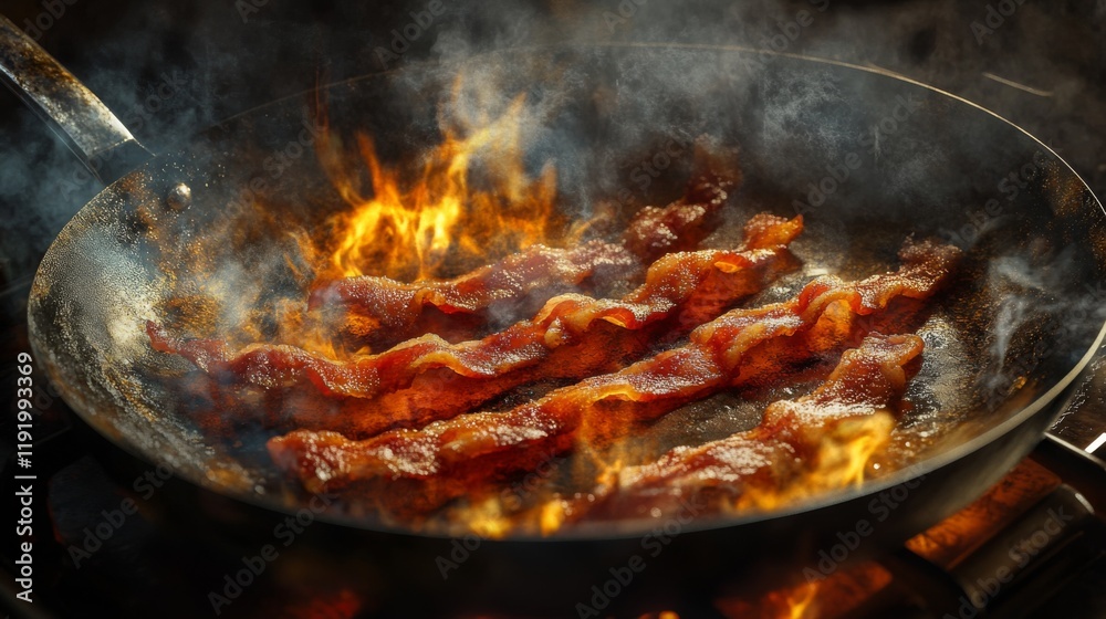 A sizzling pan of crispy bacon strips cooking on a stovetop, with golden-brown edges and the delicious aroma wafting through the kitchen. A sizzling pan of crispy bacon strips cooking on a stovetop, with golden-brown edges and the delicious aroma wafting through the kitchen.