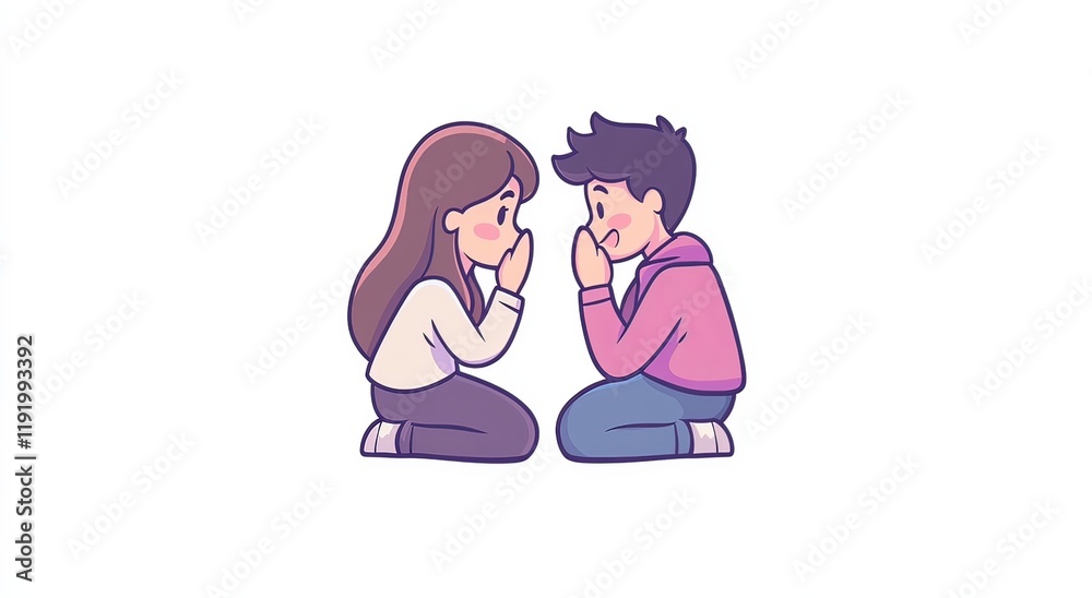 Cute anime-style cartoon couple sticker, with the boy kneeling and holding out his hand to the girl in a pink sweater Cute anime-style cartoon couple sticker, with the boy kneeling and holding out his hand to the girl in a pink sweater