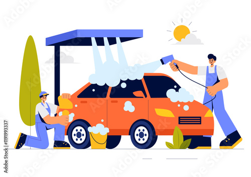 Car Wash Service Vector Illustration featuring Workers Cleaning an Automobile with Sponges, Soap, and Water in a Flat Style Cartoon Background