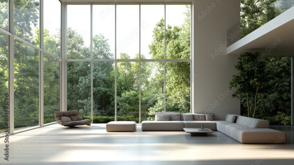 Fototapeta premium A spacious modern living room with floor-to-ceiling windows, minimalistic furniture, and a neutral color palette, emphasizing light, space, and functionality.