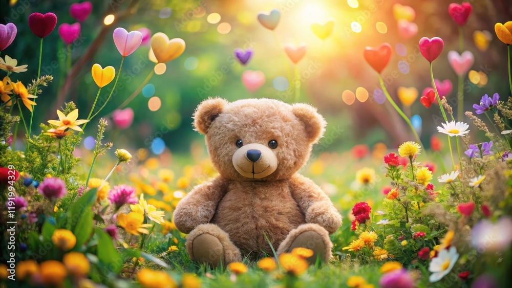 Cuddly teddy bear surrounded by colorful hearts and flowers in a whimsical garden scene Cuddly teddy bear surrounded by colorful hearts and flowers in a whimsical garden scene