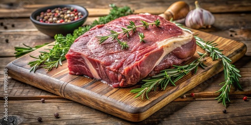 Aged rib roast on a wooden cutting board, with a few sprigs of fresh rosemary and thyme on top, wood, grass fed photo