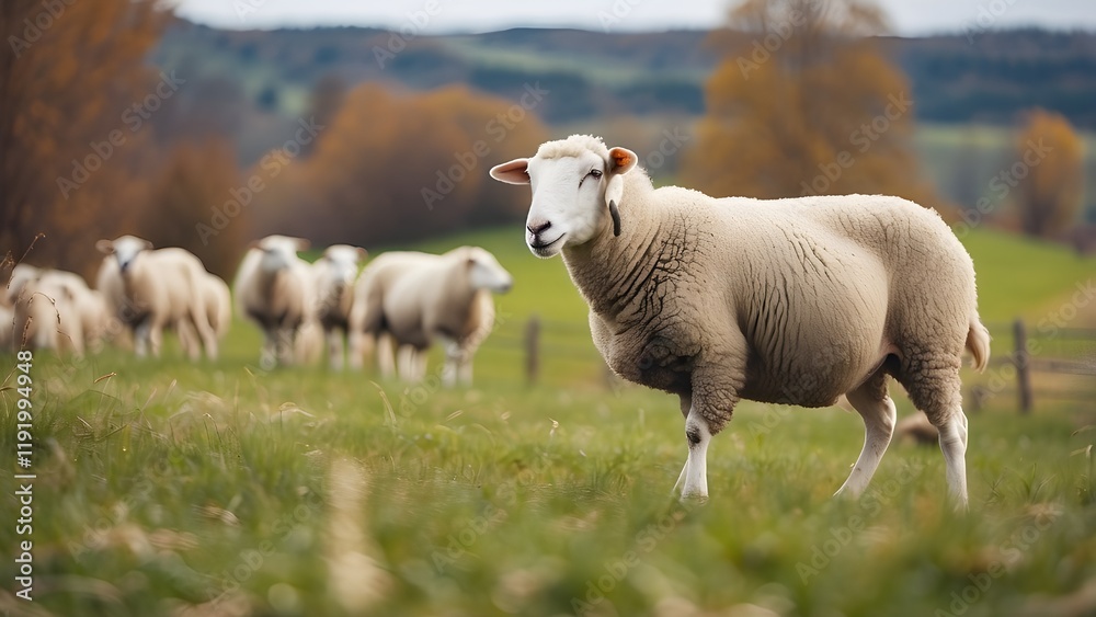 Sheep eating fresh grass. unshorn sheep in a spring field. Sheep looking to camera, Farming, free grazing concept, autumn field Sheep eating fresh grass. unshorn sheep in a spring field. Sheep looking to camera, Farming, free grazing concept, autumn field