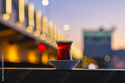 Turkish Tea (Türk Çayı) Photo in Front of Istanbul Symbol Suleymaniye Mosque, Galata Bridge Beyoglu, Istanbul Turkiye (Turkey) photo