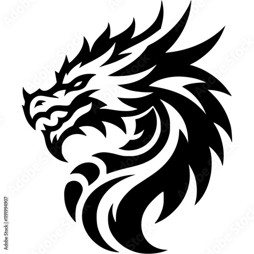Tattoo of ancient dragon head in monochrome. Wild dragon side view. Engraving minimalistic vector in black ink drawing on transparent background
