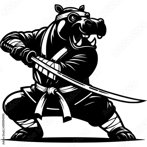 Ninja master hippopotamus in katana sword attacking position in monochrome. Hippo fighter of secret clan animal roars. Tattoo minimalistic vector in black ink drawing on transparent background