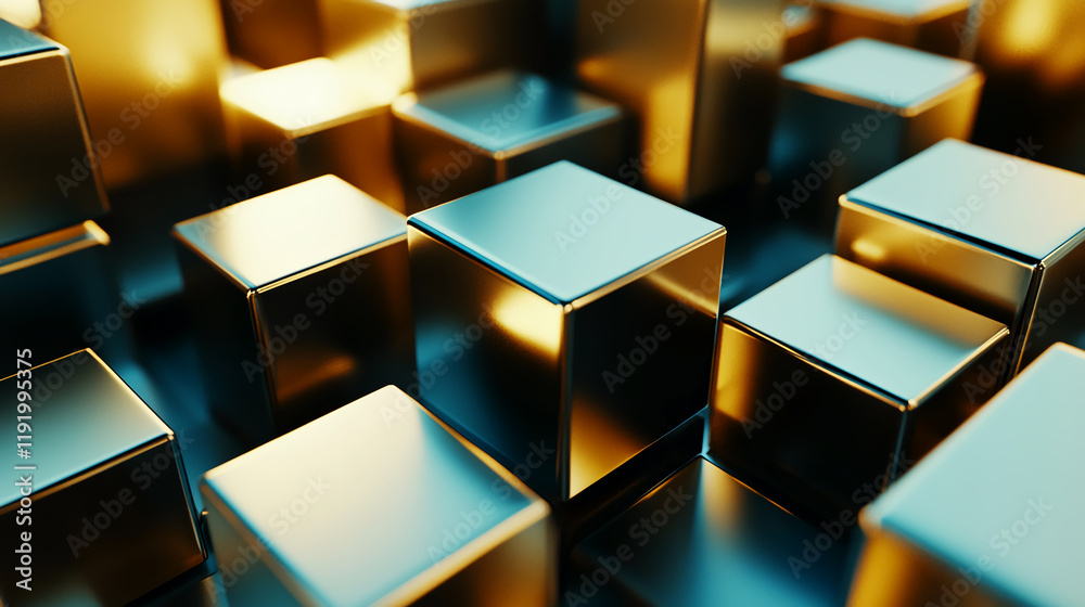 Futuristic 3D design with floating geometric shapes in a gold, teal, and black gradient. Futuristic 3D design with floating geometric shapes in a gold, teal, and black gradient.