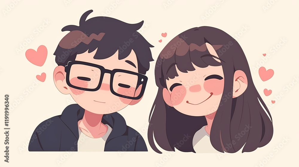 Cute cartoon sticker of a couple smiling, man with glasses and black jacket, woman with brown hair, love hearts Cute cartoon sticker of a couple smiling, man with glasses and black jacket, woman with brown hair, love hearts