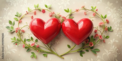 Two red hearts intertwined with a subtle floral pattern around them, symbolizing love and unity in nature , loveaffair photo