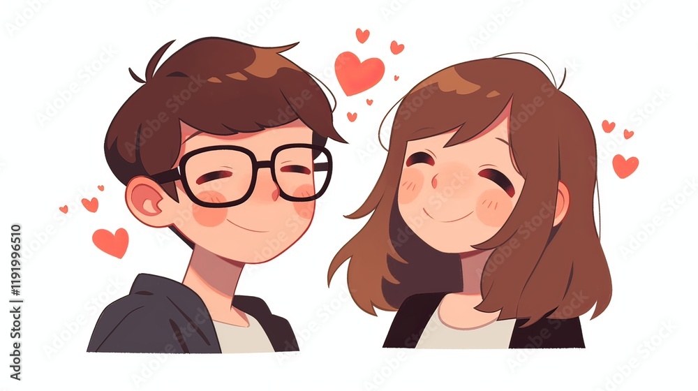 Cute cartoon sticker of a couple smiling, man with glasses and black jacket, woman with brown hair, love hearts Cute cartoon sticker of a couple smiling, man with glasses and black jacket, woman with brown hair, love hearts
