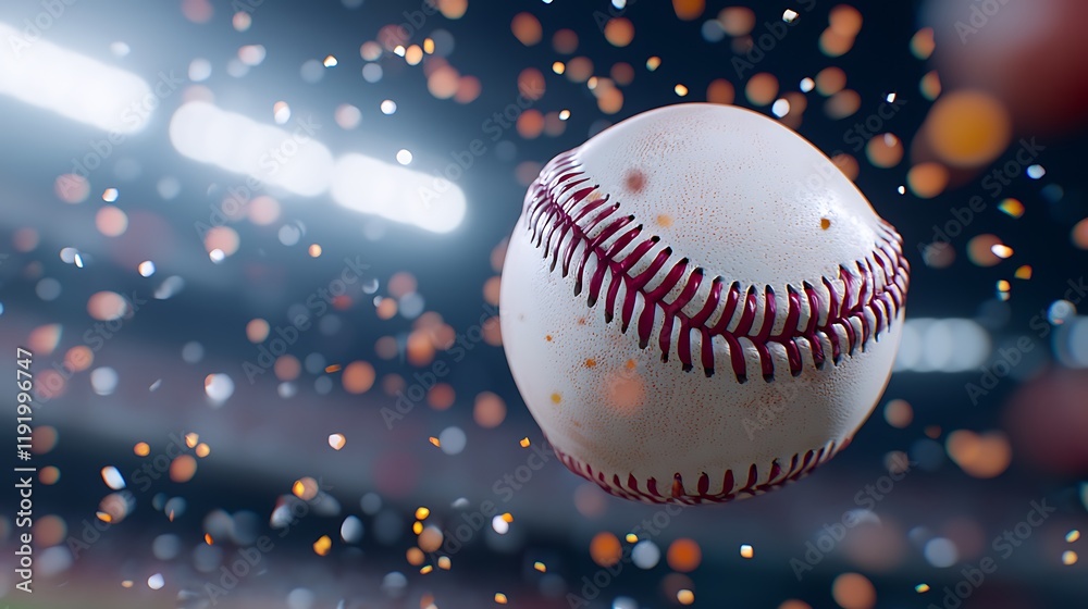 Close-up of a used baseball in mid-air, surrounded by confetti and stadium lights. Close-up of a used baseball in mid-air, surrounded by confetti and stadium lights.
