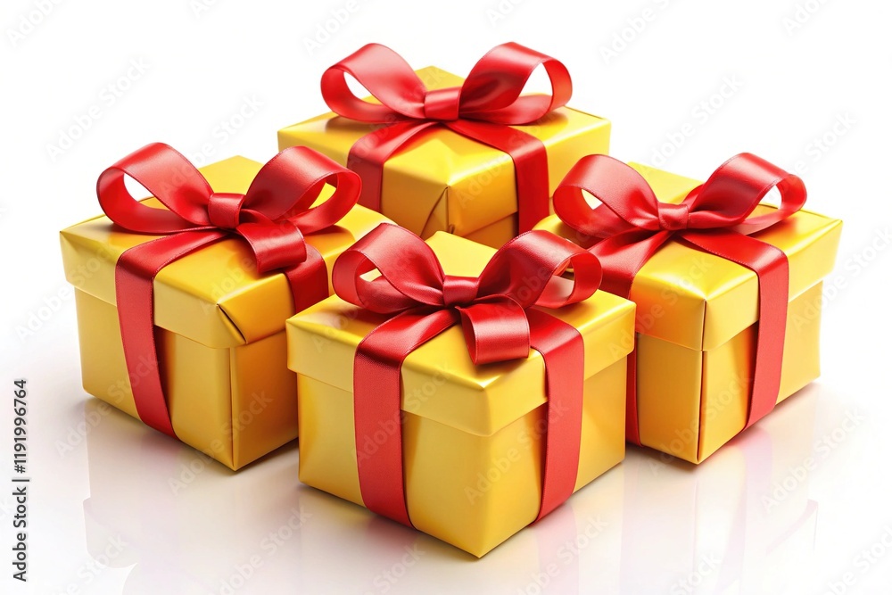 Obraz premium Six Yellow Gift Boxes with Red Bows - Bright Festive Presents