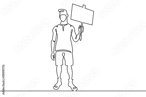 Woman girl standing with a placard holding a banner in his hands.Social protest and demonstrations. One continuous drawing line, logo single hand drawn art doodle isolated minimal illustration.