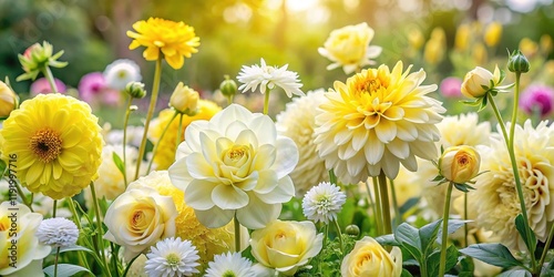 Spring Garden Blooms: Yellow Rose, Dahlia, Peony, Tulip, Orchid Photography photo