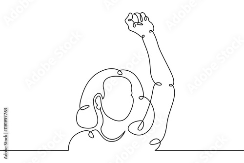 Woman girl standing with a placard holding a banner in his hands.Social protest and demonstrations. One continuous drawing line, logo single hand drawn art doodle isolated minimal illustration.