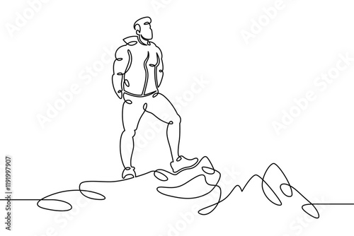 Young man tourist climber on the edge of a cliff, mountain landscape, view of the valley. One continuous drawing line, logo single hand drawn art doodle isolated minimal illustration.