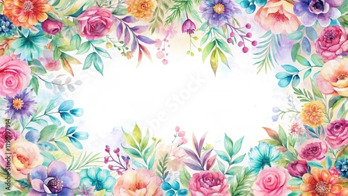 Watercolor Floral Pattern with Iridescent Color Border, seamless border
