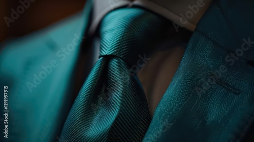 A close-up of a stylish teal suit and tie, showcasing elegance and sophistication.