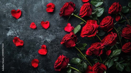 Red roses, heart petals, dark background; romantic, Valentine's Day card