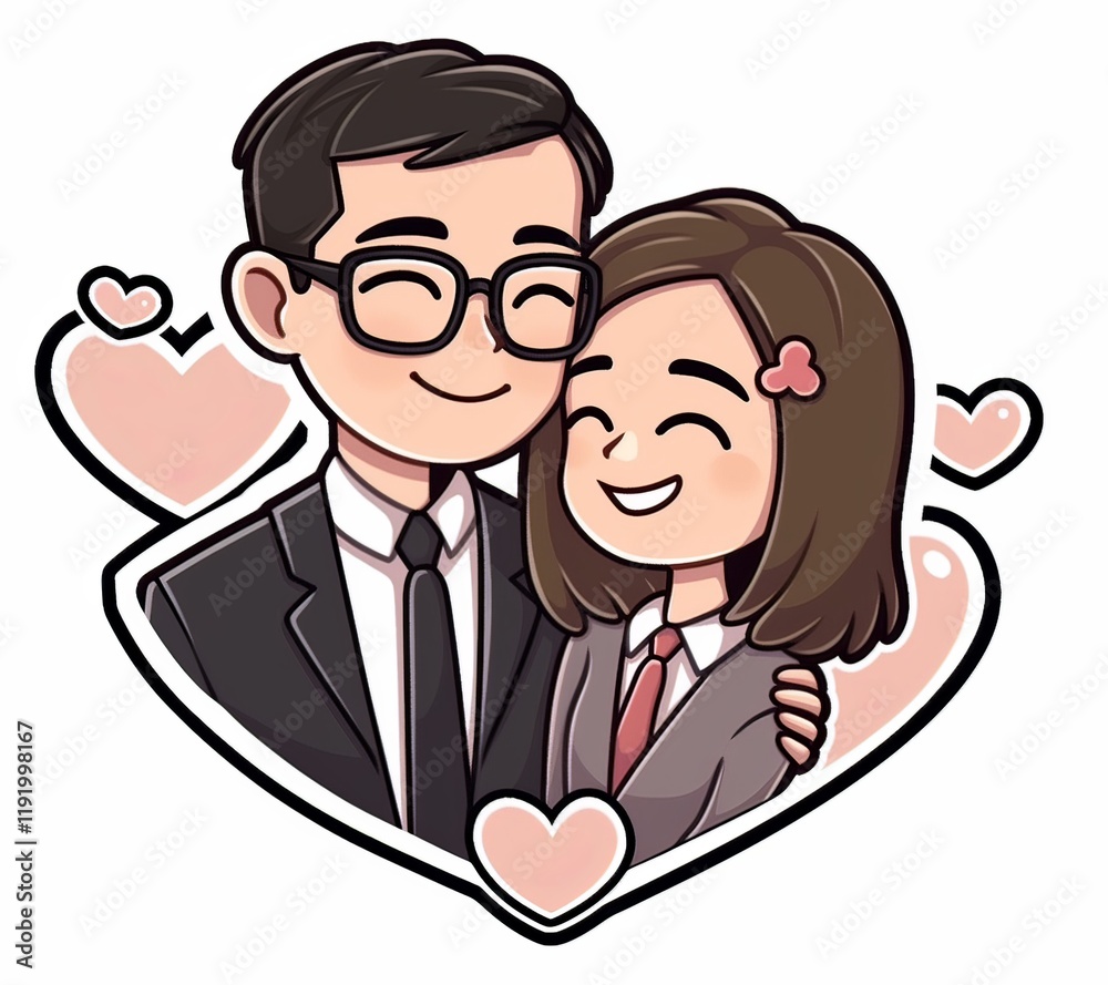 Cute cartoon sticker of a couple with hearts, man in glasses and black jacket, woman in suit coat, simple doodle style, white background. Cute cartoon sticker of a couple with hearts, man in glasses and black jacket, woman in suit coat, simple doodle style, white background.