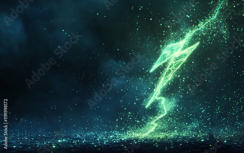 A green lightning bolt is shown in the sky with a blue background