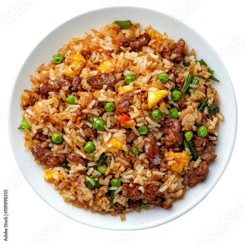 Delicious fried rice with vegetables and meat. transparent background