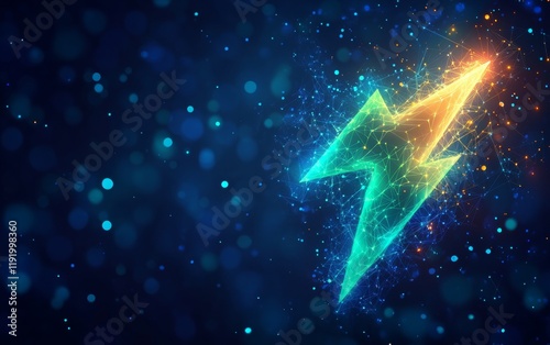 A green lightning bolt is shown in the sky with a blue background