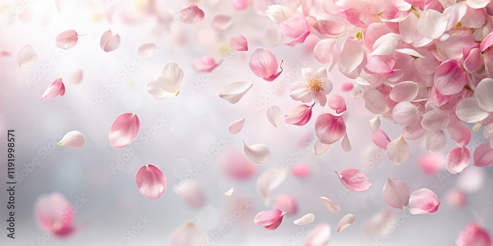 Pastel pink sakura petals gently floating downwards against a soft white background