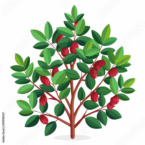 A vibrant illustration of a plant with green leaves and red fruits.